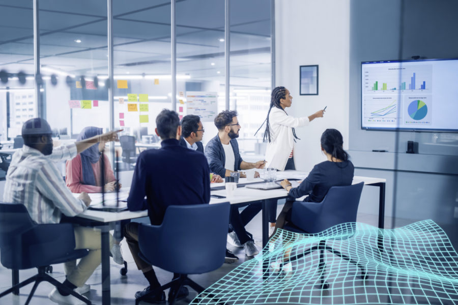 Diverse Modern Office: Black Businesswoman Leads Business Meeting with Managers, Talks, uses Presentation TV with Statistics, Graphs, Big Data. Digital Entrepreneurs Work on eCommerce Project