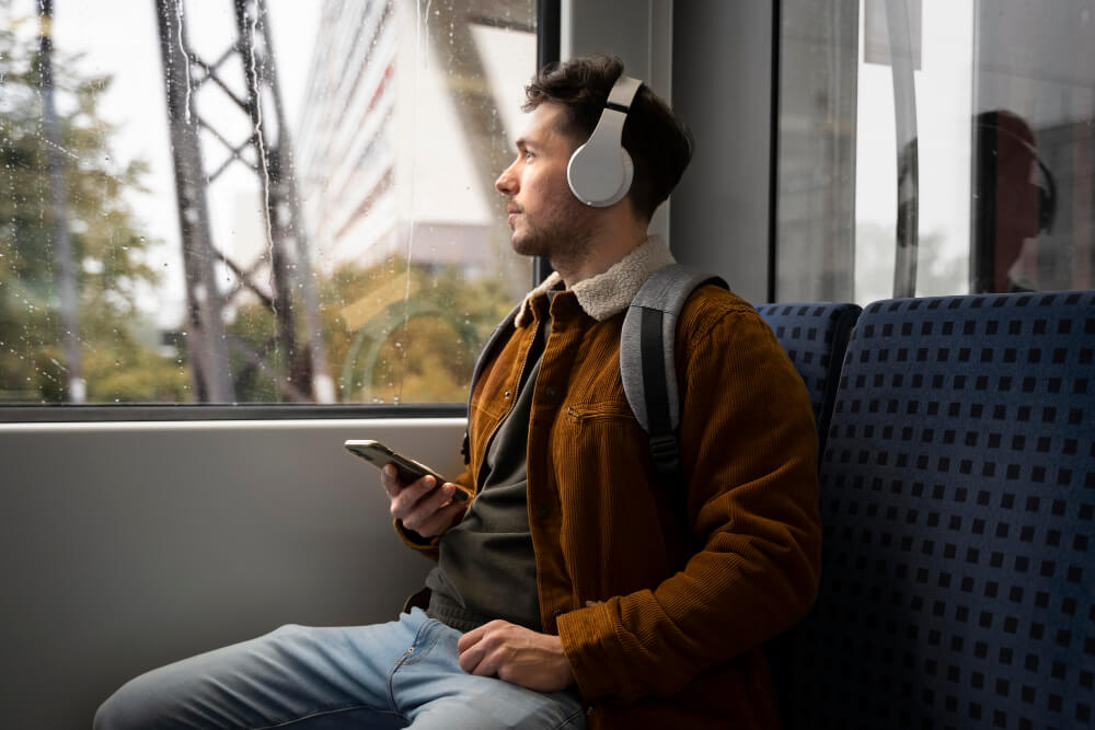 Mann hoert Podcast